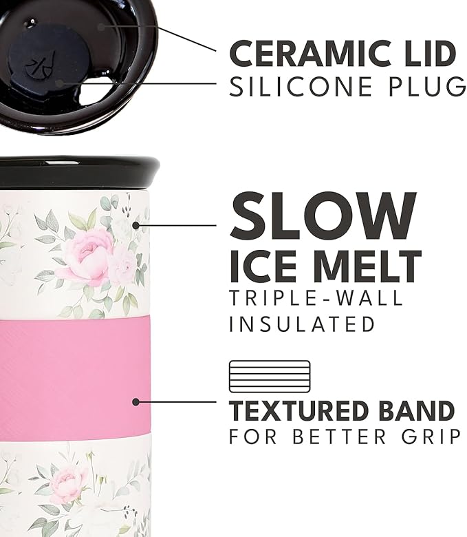 Elemental Artisan Insulated Tumbler, Triple Wall Coffee Travel Mug, Reusable Stainless Steel Coffee Tumbler with Ceramic Lid, Thermal Coffee Cups for Hot (6 Hrs) & Cold (18 Hrs), 16oz - Rose Garden