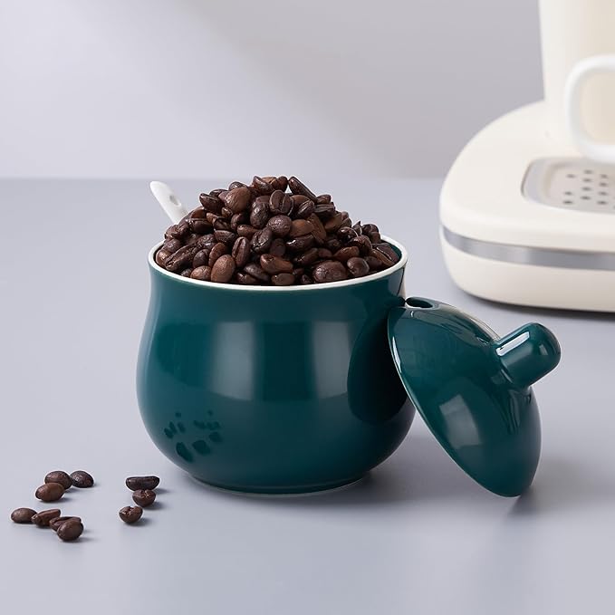 Ceramic Sugar Bowl with Lid and Spoon, Green Porcelain Sugar Salt Pepper Storage Jar, 12 Ounces
