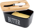 Hasense Porcelain Butter Dish with Bamboo Lid - Covered Butter Keeper with Butter Knife for Countertop, Airtight Butter Container with Cover for East West Coast Butter, Black