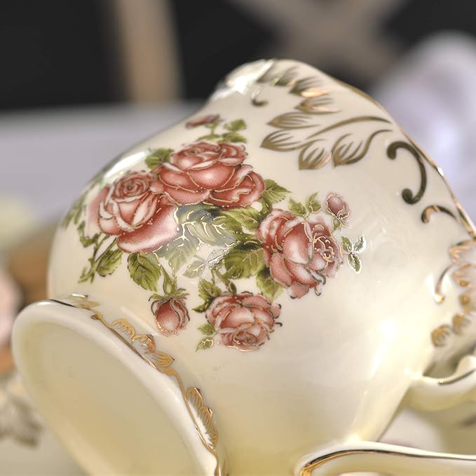 YOLIFE Tea Cups and Saucers Set of 2, Porcelain Floral Tea Cups Set with Holder, Fancy Vintage Teacups 8 oz