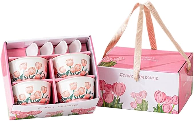 Premium Ceramic Dinnerware Set – Floral Bowls & Plates Set, Elegant Hand-Painted Design, Microwave Safe, Ideal for Wedding/Housewarming/Corporate Gifts (Tulip, 4*bowls+spoons)