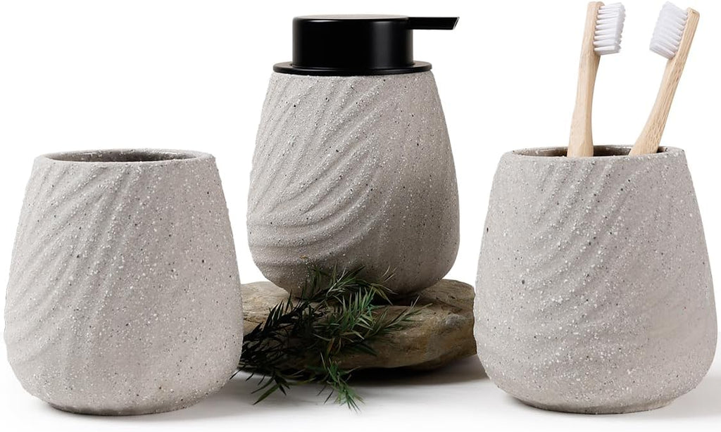 3 Pcs Bathroom Accessories Set – Ceramic Lotion Soap Dispenser, Toothbrush Holder with Rustic Leaf Vein, Modern Vanity Accessory Countertop Organizer for Bathroom Kitchen Decor