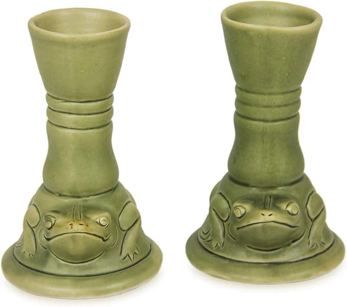 NOVICA Artisan Handmade Ceramic Candleholders Green Animal Themed Pair Indonesia Lamps Lighting Frog [candleholders Each 5in H x 3.5in W x 3.2in D] ' Yoke Frog' Pair