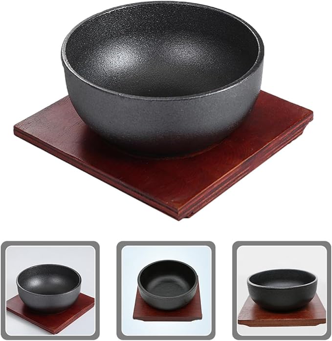 Milisten Cast Iron Bibimbap Bowl with Wooden Tray 15cm Korean Stone Pot Rice Bowl for Induction Cooker for Daily Use