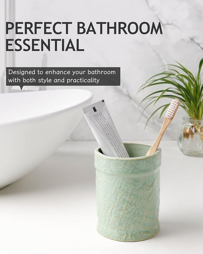 Toothbrush Holder, Tooth Brush Holder for Bathroom - Ceramic Toothbrush Cup Toothbrush Holders Countertop, Makeup Brush Holder Pen Holder, 3.54" x 3.54" x 4.33", Green, ANTIS'S HOME