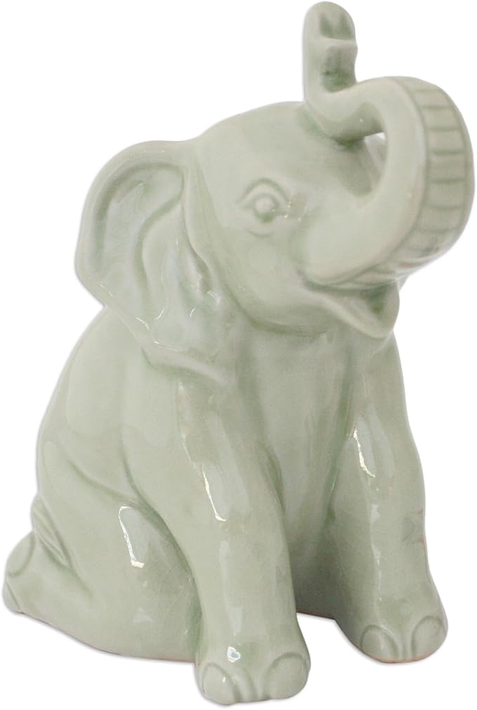 NOVICA Green Ceramic Celadon Sculpture, 7" Tall 'Green Elephant Welcome'