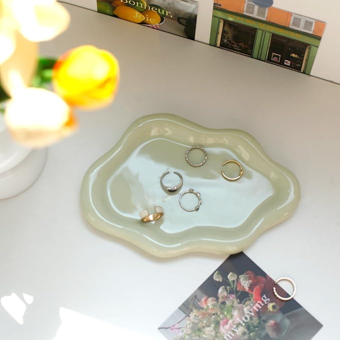 Jewelry Dish Trinket Tray for Women, Ring Dish Holder, Unique Cloud Shape Ceramic Plate Cute Things Vanity Aesthetic Room Decor Mother's Day Birthday (Mint Green)