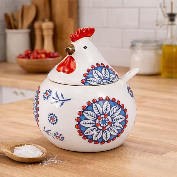 13oz ceramic lidded spice jar with a small spoon. Features a cute country rooster design, perfect for kitchen countertop decor. Suitable for storing salt, spices, coffee, candy, and sugar.