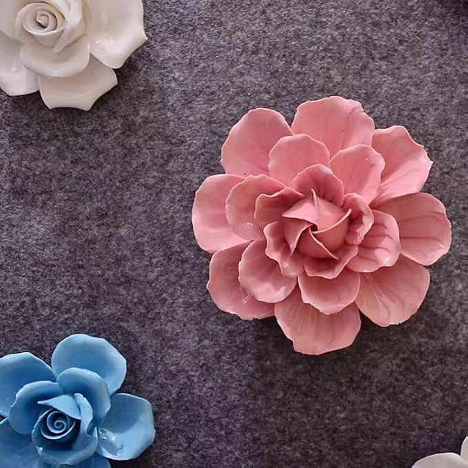Ceramic Flower Wall Art, Artificial 3D Flower Wall Art, Handmade 3D Wall Art Hanging Sculpture, Porcelain Flower Wall Decoration for Home Office Decor (Pink,Camellia,3.54")
