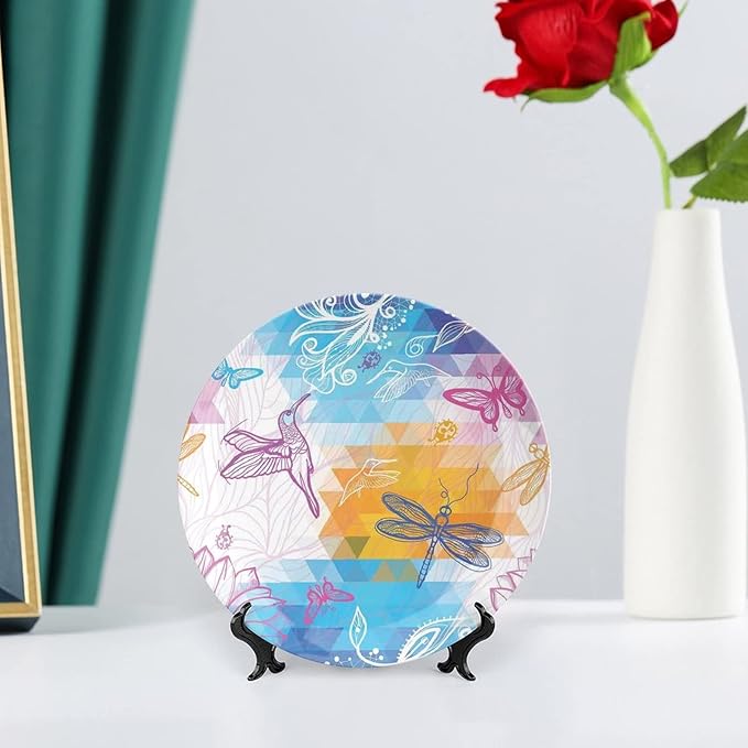 XISUNYA 7 Inch Decorative Plate, Dragonfly Round Porcelain,Beetle Dragonfly and Bird Shapes Over Geometrical Graphic Print Ceramic Wall Hanging for Home & Office Wall Hanging Decor