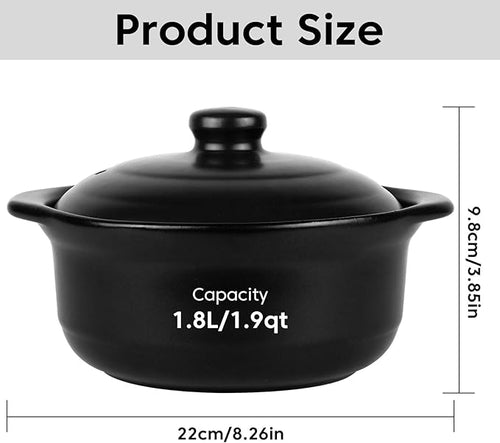 1.9 Quart Black Ceramic Clay Pot for Cooking with Lid - Korean Stone Pot, Healthy No-Coating Earthenware Casserole, Soup Rice Hot Pot Cookware