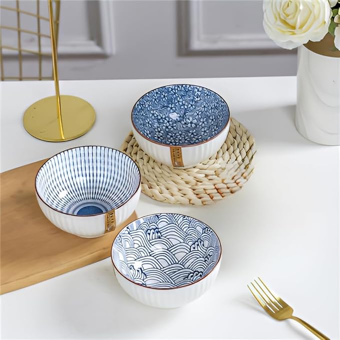 10 oz Small Ceramic Bowls Set of 6, 4.5 Inch Japanese Blue and White Bowls for Ice Cream, Rice, Dessert, Snack, Dipping, Microwave and Dishwasher Safe - Mixing Pattern