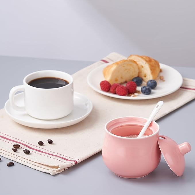 Ceramic Sugar Bowl with Lid and Spoon, Pink Porcelain Sugar Salt Pepper Storage Jar, 7 Ounces
