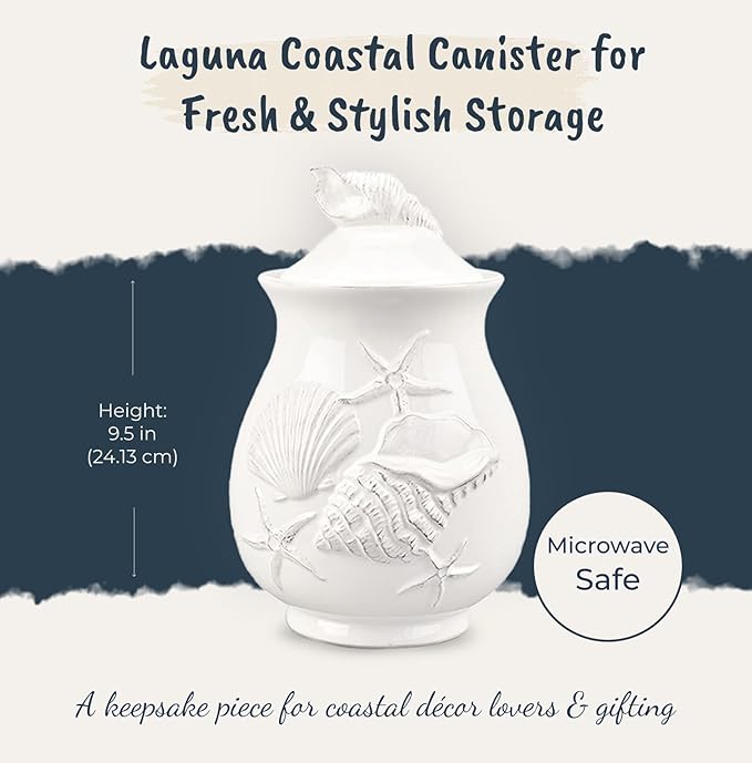 Blue Sky Clayworks Laguna Coastal Canister, Ceramic, 6" L x 6" W x 9.5" H, Seashell-White Counter Accent