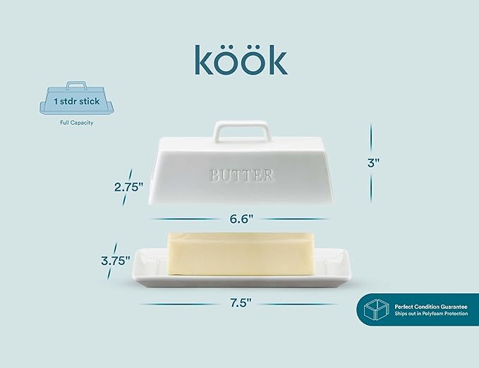 Butter Dish with Lid for Countertop, by Kook, Ceramic Dish Tray with Cover, Kitchen Keeper, Container, Holder (White)
