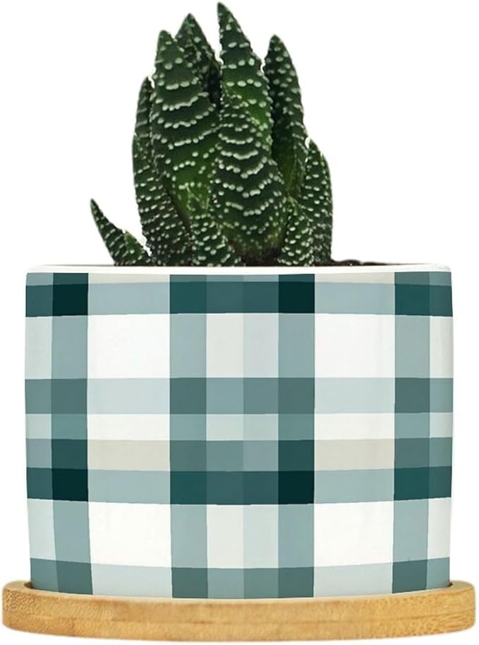 Sage Green Buffalo Plaid Ceramic Planters Green Buffalo Check Snake Plant Live Indoor with Pot with Drainage Holes and Saucers Pot for Pots Outdoor Indoor Plants