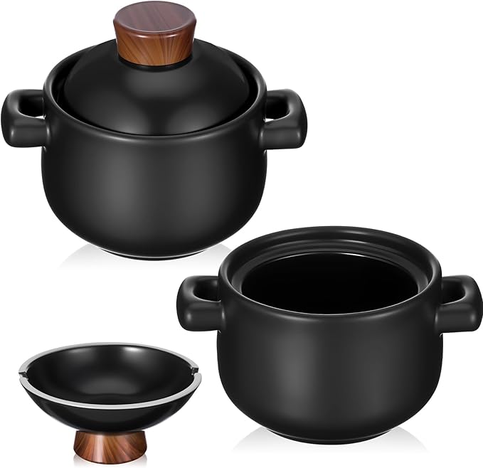 2 Pcs 84 oz Korean Stone Pot Clay Cooking Pot Set Ceramic Dolsot Bowl with Lid, Sizzling Hot Pots for Bibimbap and Soup, Kimchi, Ttukbaegi and Koreans Stew, Microwave Safe Donabe Pots, Black