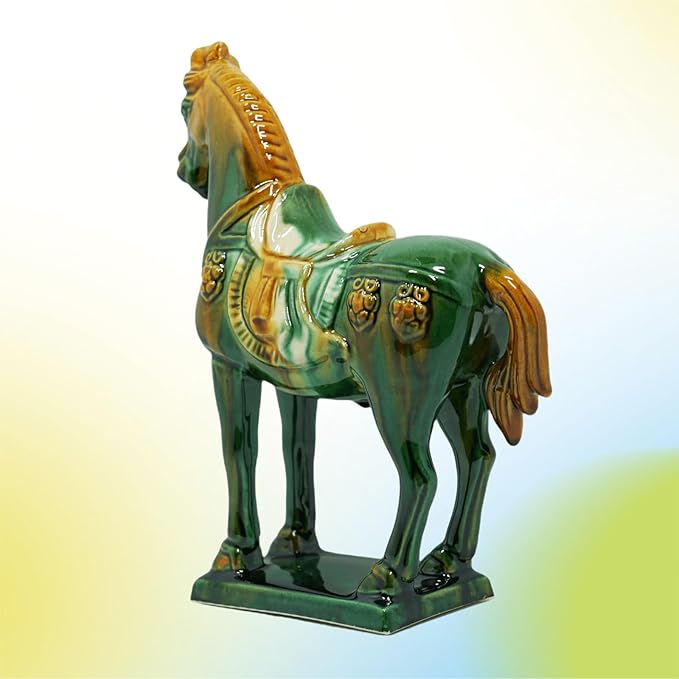 Handmade Tang Dynasty Tri-Color Horse Ceramic Sculpture - 19cm Traditional Chinese Cultural Art Decor - Symbol of Prosperity & Good Fortune - Perfect for Home, Office, Bookcase Shelf (Green)