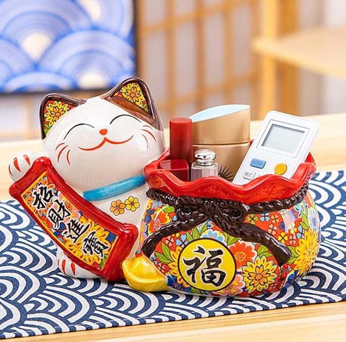 EatingBiting 9.4"x5.7" Japanese Ceramics Maneki Neko Cat & Lucky Money Pocket Ornament Collectible Figurine Storage Box Decoration Ornamental Art Sculpture Home Decor Decorative Beckoning