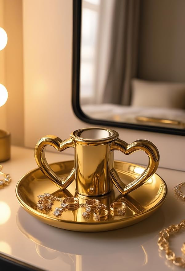 Gold Heart - Shaped Candle Holder, Taper Candle Holders with Dual Heart Handles, Elegant Candlestick Holders for Wedding/Valentine’s Day Decor