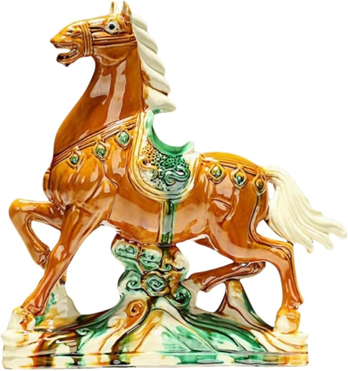 Chinese Style Decoration Ceramic Horse Sculpture Home Office Living Room Ornaments High-End Feng Shui Decorations Asian Art Yellow Trumpet