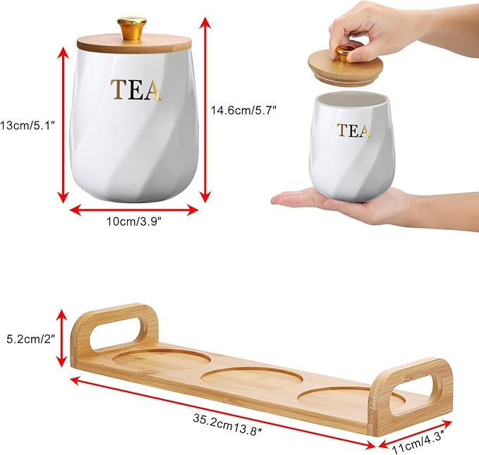 JUXYES Set of 3 Ceramic Canisters Set for Sugar Coffee Tea With Handle Tray, Luxurious Storage Containers Sets with Lids Decorative Storage Pots White Ceramic Storage Jar for Kitchen Dining Room