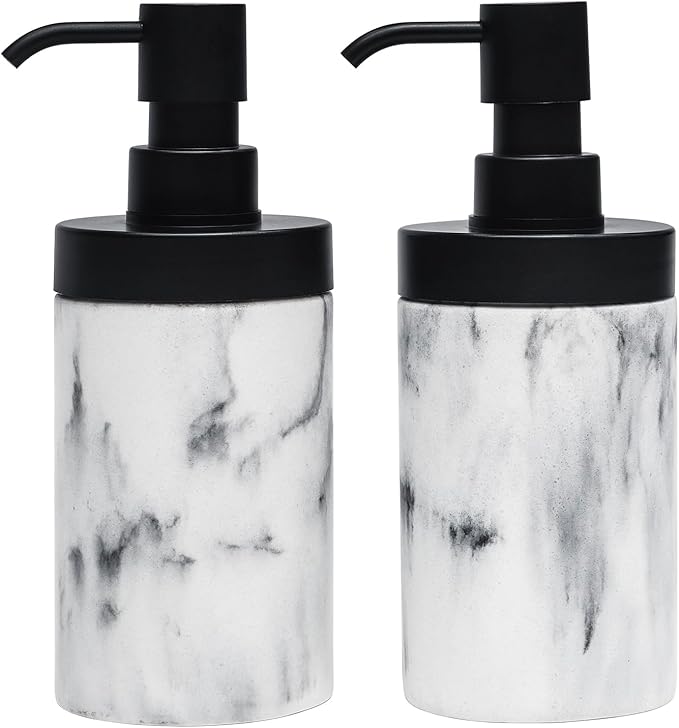 2 Pcs Bathroom Marble Soap Dispenser Set-Marble Wide Open, Refillable Liquid Circular Marble Decorative Soap Dispenser for Bathroom Countertop & Kitchen Home Decor, White