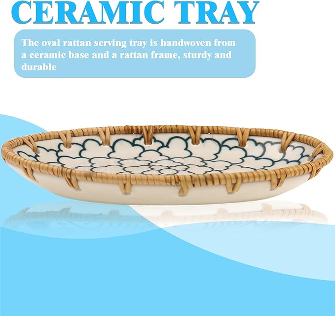 Rattan Ceramic Tray, Oval Fruit/Bread/Cookie/Jewelry Small Storage Porcelain Serving Plate, Vintage Decorative Display Plate for Coffee Table Home Decor Wedding Party Gift (White Cloud)