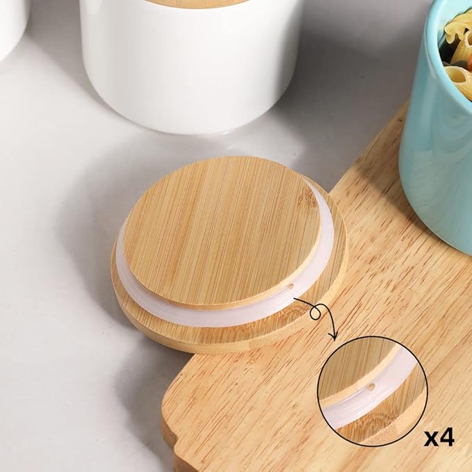 Sweejar Kitchen Canisters Ceramic Food Storage Jar Set, Stackable Containers with Airtight Seal Wooden Lid for Serving Ground Coffee, Tea, Herbs, Grains, Sugar, Salt - Set of 4 (Turquoise)
