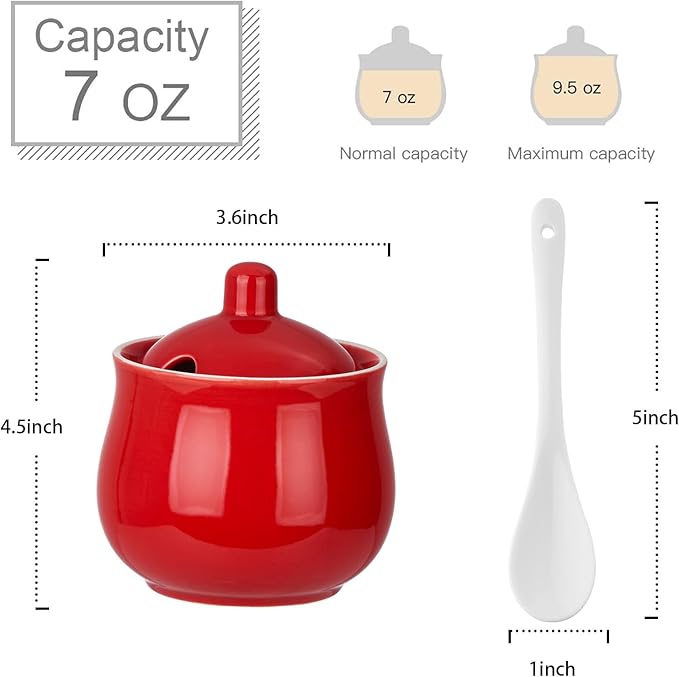 Ceramic Sugar Bowl with Lid and Spoon, Red Porcelain Sugar Salt Pepper Storage Jar, 7 Ounces