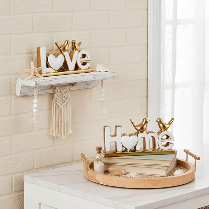Ceramic Love & Home Sign Decor with Bird Statues Set 2,10" Modern White Gold Tabletop Sculptures for TV Stand,Floating Shelf & Entryway,Romantic Wedding & Warm Housewarming Gift Set (White)
