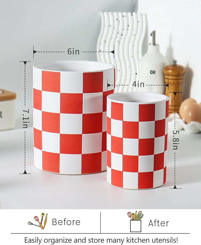 Utensil Holder，7.1"+5.8" Ceramic Kitchen Utensil for Counter top, Checkered Cooking Utensil Holder for Spatula & Spoon, Kitchen Decor, Set of 2 (Red Checkered)