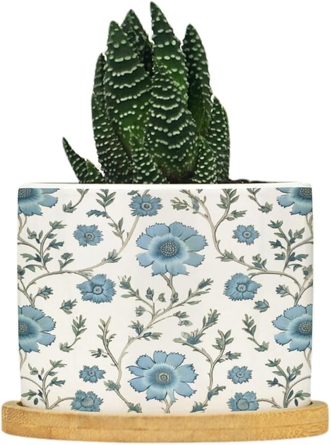 Mughal Flower in Ceramic Planter Blue Floral Planters for Indoor Plants with Drainage Holes and Saucers Pot for Succulents Cactus Garden Windowsill