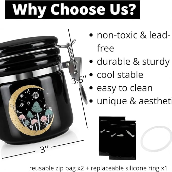 Mushroom Smell Proof Container Half Oz (250ml), Separate Space for Humidity Pack To Keep Herbs Fresh For Months - Cute Girly Stash Jar, Smell Proof Case Airtight Storage Holder Accessories - Black