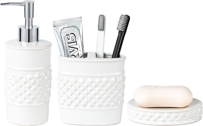 3-Piece White Ceramic Bathroom Accessories Set - Luxurious Soap Dispenser, Toothbrush Holder & Soap Dish with Modern Geo Embossed Design for Bathroom Accessory Set