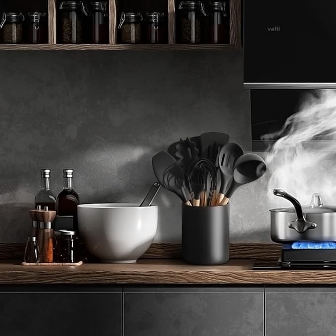 Matte Black Utensil Holder for Kitchen Counter, Ceramic Kitchen Utensils Holder for Countertop Easy to Clean, High 6.4” Modern Cooking Spatula Holder Crock for Home decor 4.5×6.4 In