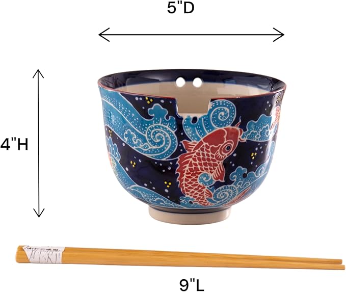 Urban Tokyo Handpainted Ceramic Glazed Japanese Ramen Udon Noodle Rice Bowl With Chopsticks 20 fl oz 5 inch Diameter Bowl Sets Color Box Packaging (Japanese Koi Fish)