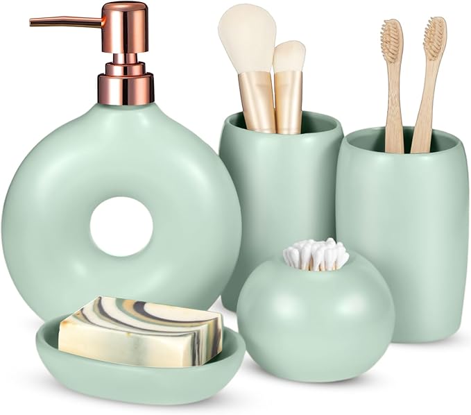 5 Pcs Ceramic Bathroom Accessories Set Includes Soap Dispenser Toothbrush Cup Holder Soapbox Holder Stylish Modern Bathroom Matte Glaze Decor (Green)