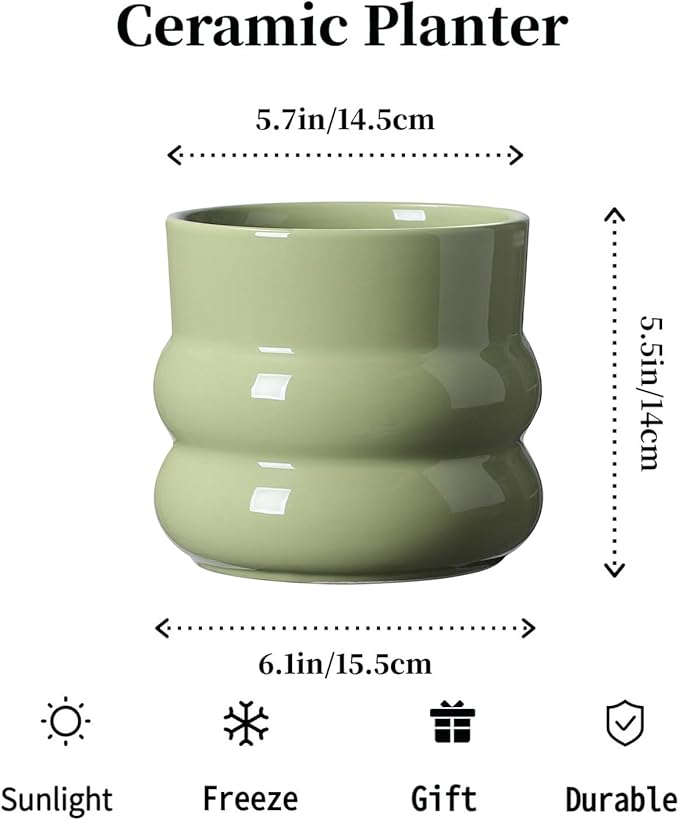 6 Inch Plant Pot,Ceramic Planter Pot with Drainage Hole,Indoor Planters for Herbs Plants,Ceramic Flower Pots for Indoor/Outdoor Plants,Home Office Garden Décor,Green