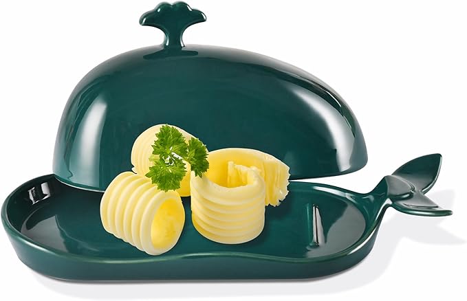 Porcelain Butter Dish for Countertop, Cute Whale Design, Ceramic Butter Dish with Handle, Funny Butter Storage Container, Ideal Gifts for Housewarming, Green