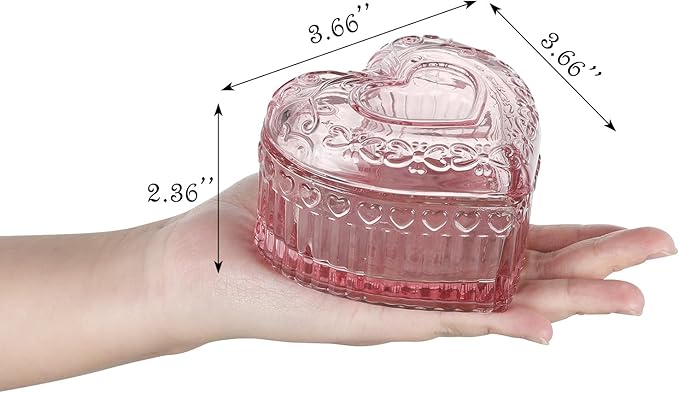 WHJY Glass Jewelry Box for Girls Heart Shaped Container with Lids Small Decorative Trinket Organizer for Vanity Room Decor Crystal Pink Storage Jar for Rings Earrings Necklaces