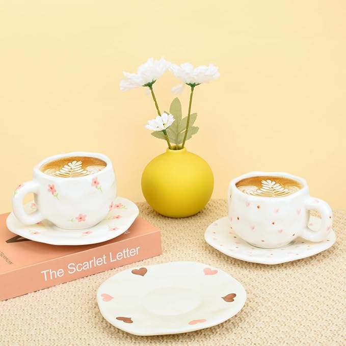 Koythin Ceramic Coffee Mug with Saucer Set, Cute Pink Small Flower Cup Unique for Office and Home, 10 oz/300 ml for Latte Tea Milk