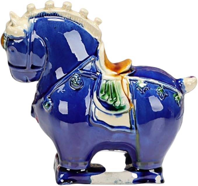 Animal Ornament Sculpture Ceramic Horse Sculpture Desktop Ornament Asian Feng Shui Art Collectible Blue