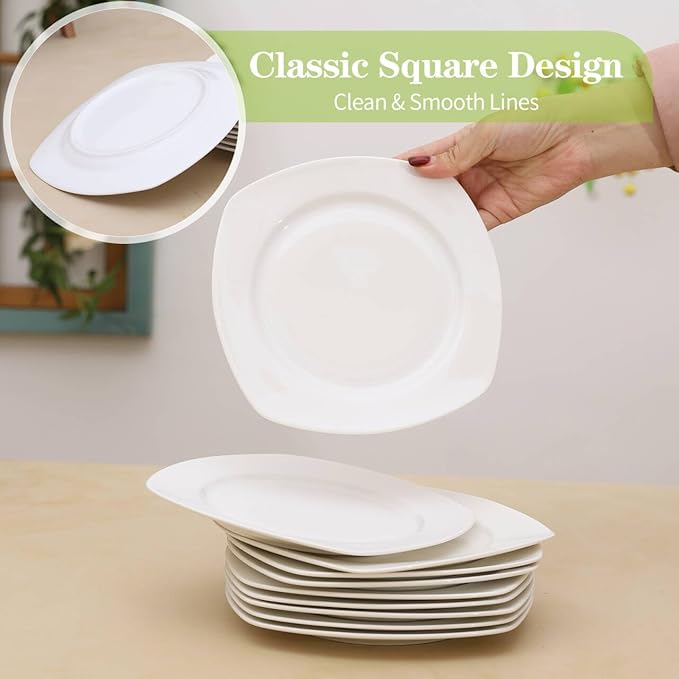 TAMAYKIM 10-Piece Small Square Porcelain Dessert Plates Set - 7.5 Inch Ceramic Appetizer & Dinner Plates, Microwave, Oven & Dishwasher Safe, Scratch Resistant, White