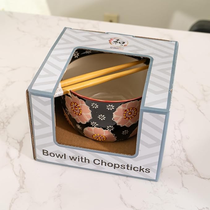 Urban Tokyo Handpainted Ceramic Glazed Japanese Ramen Udon Noodle Rice Bowl With Chopsticks 20 fl oz 5 inch Diameter Bowl Sets Color Box Packaging (Sakura Cherry Blossoms)