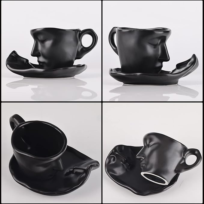 Tea Cup and Saucer Set Ceramic Kissing Couple Coffee Mug Set With Spoon Face Coffee Cup Unique Teacup and Saucer Valentine's Day Christmas Creative Gift