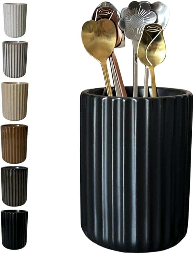 Stoneware Coffee Bar Utensil Holder Tea & Coffee Spoon & Stirrer Holder for Stir Stick Straw Teaspoon Holder Spoon Cup Small Utensil Jar Fluted Vertical Stripe (Matte Black)