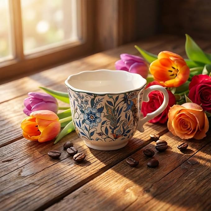 Bone China Tea Cup and Saucer Set with Spoon，Elegant Floral Tea Cup Set (7 oz)，British Coffee Latte Mug for Mother's Day Gifts