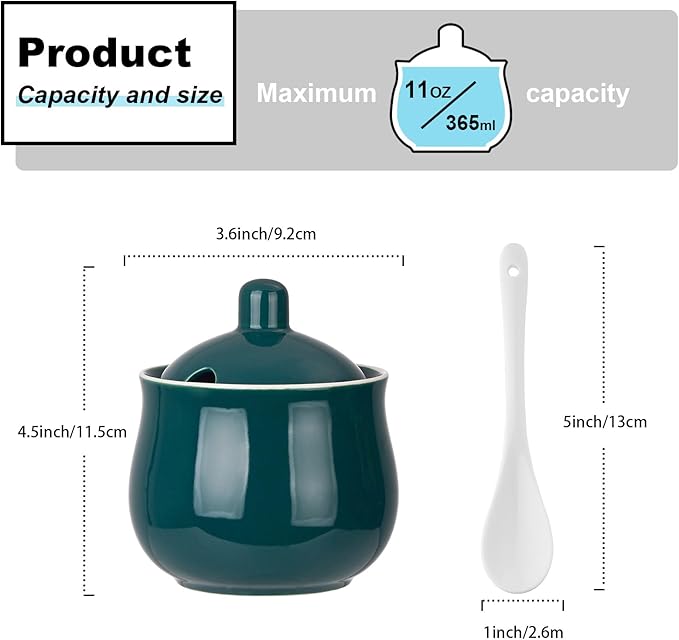 Ceramic Sugar Bowl with Lid and Spoon, Green Porcelain Sugar Salt Pepper Storage Jar, 12 Ounces