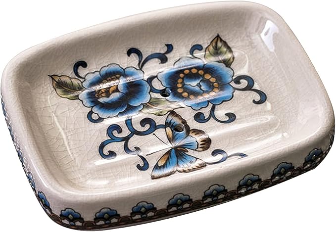 Kelake Ceramic Soap Dish Creative Ice Crack Ceramic Blue Butterfly and Flower Pattern Soap Dish Holder for Bathroom and Shower Soap Tray Box with Drain Gift for Mum Family